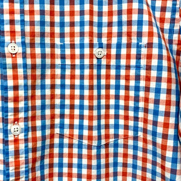 Express Fitted Shirt Medium Red Blue Plaid Long Sleeve Button Up Cotton - Picture 2 of 10